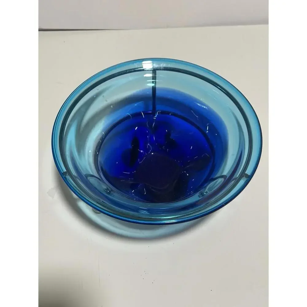 MCM Blue Ombre Hand Blown Glass Console Bowl With Silver Stand 1950s - Picture 3 of 7